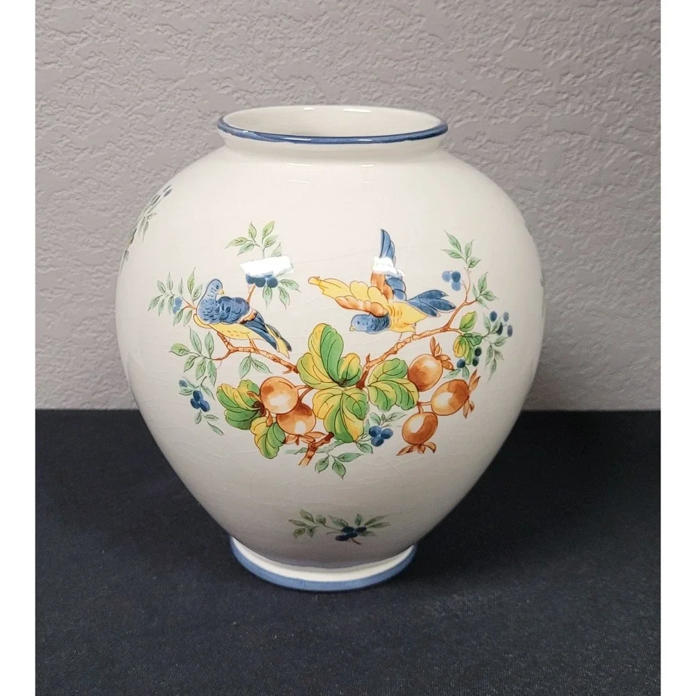 VTG 1980s Hand Painted Ceramic Bird Vase Large Heavy Earthenware Fruit Ovoid 8